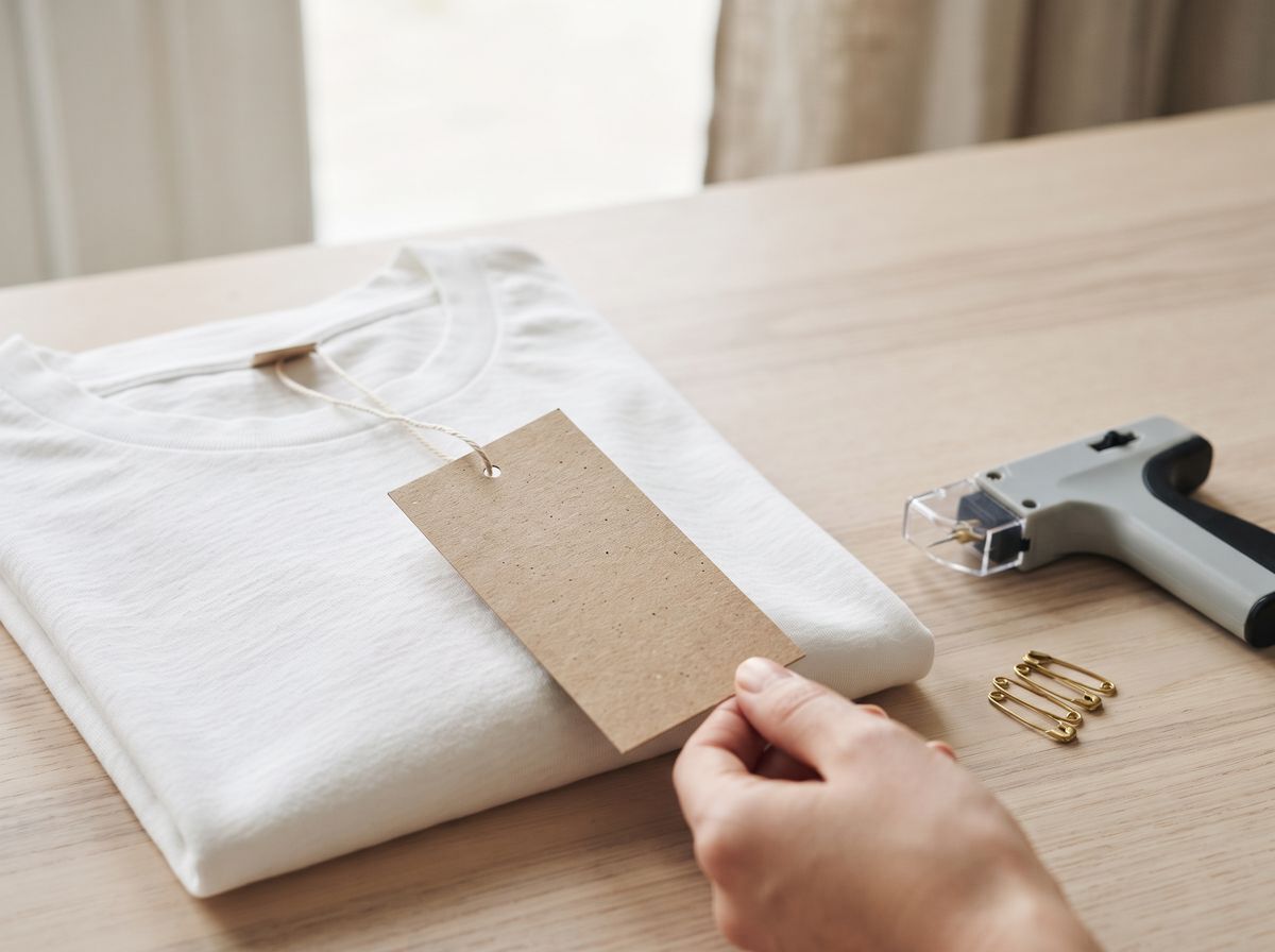 a blank kraft hang tag on cotton string being attached to a folded white t-shirt, with a tagging gun and brass safety pins on the table