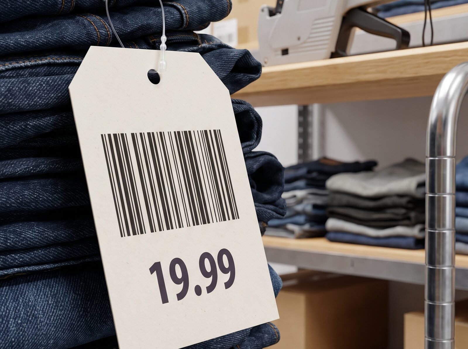 barcode price tag hanging on folded jeans on a store shelf