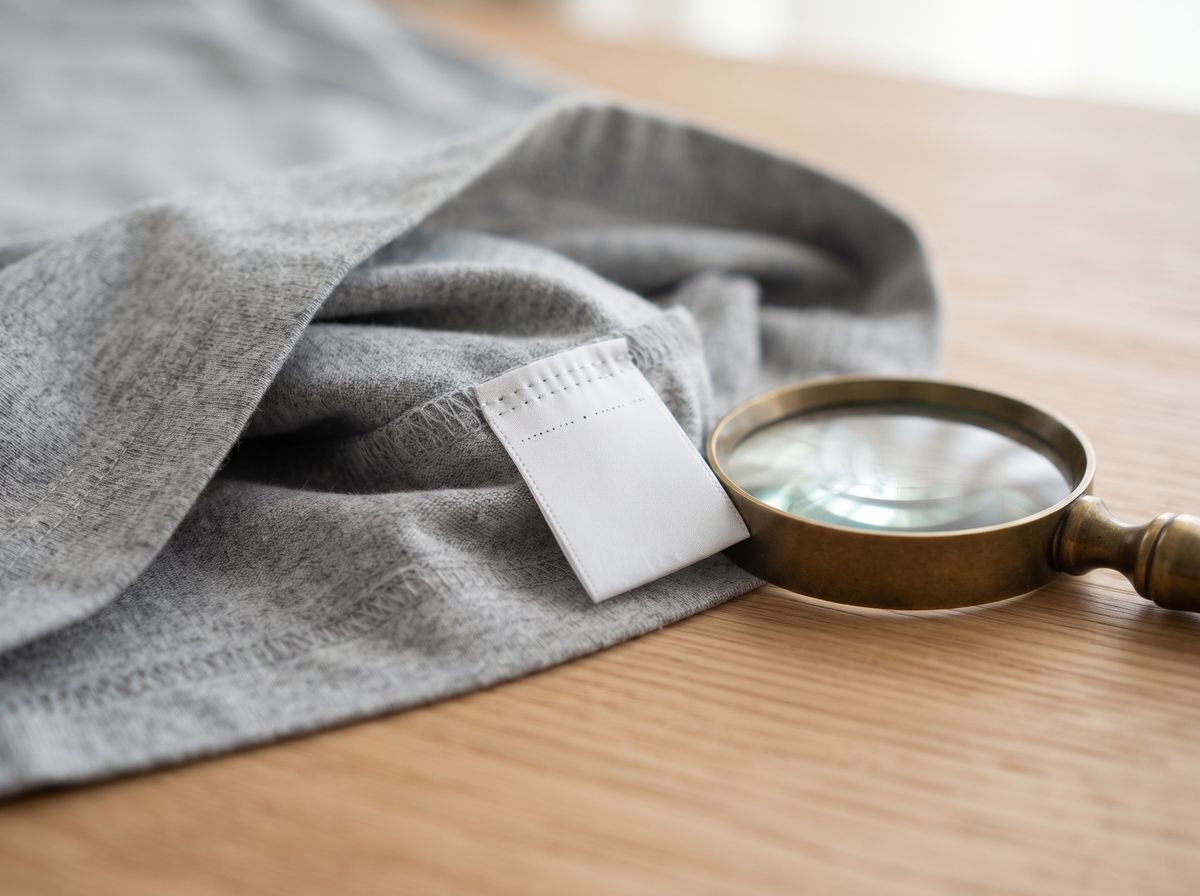 a blank white satin care label sewn into the side seam of a grey cotton t-shirt, next to a brass magnifying glass on a wooden table
