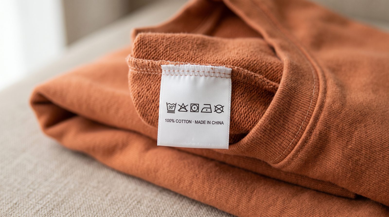 Care label with wash symbols on terracotta sweatshirt