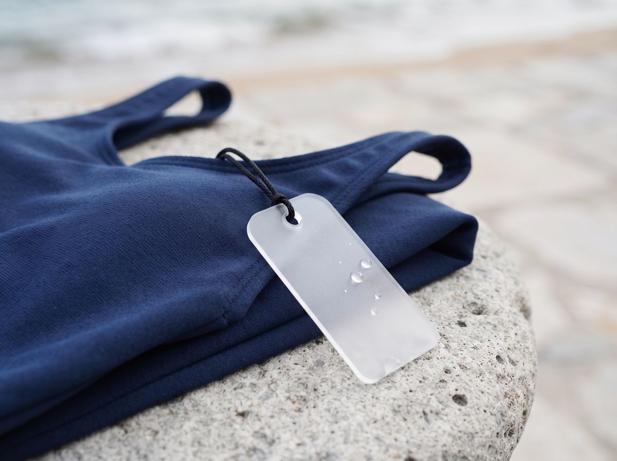 a frosted clear plastic hang tag with rounded corners on a thin black cord, lying on a folded navy swimsuit with water droplets on a light stone surface