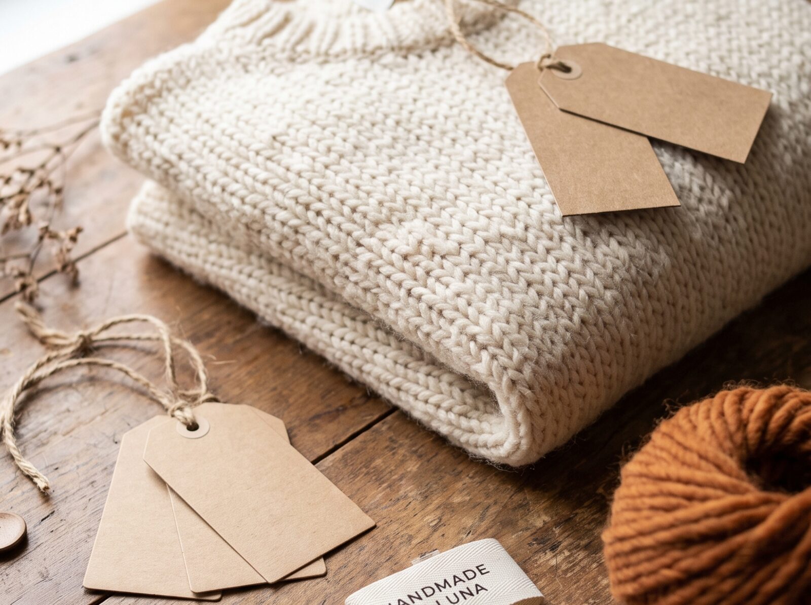 handmade tags and folded knitwear ready to ship
