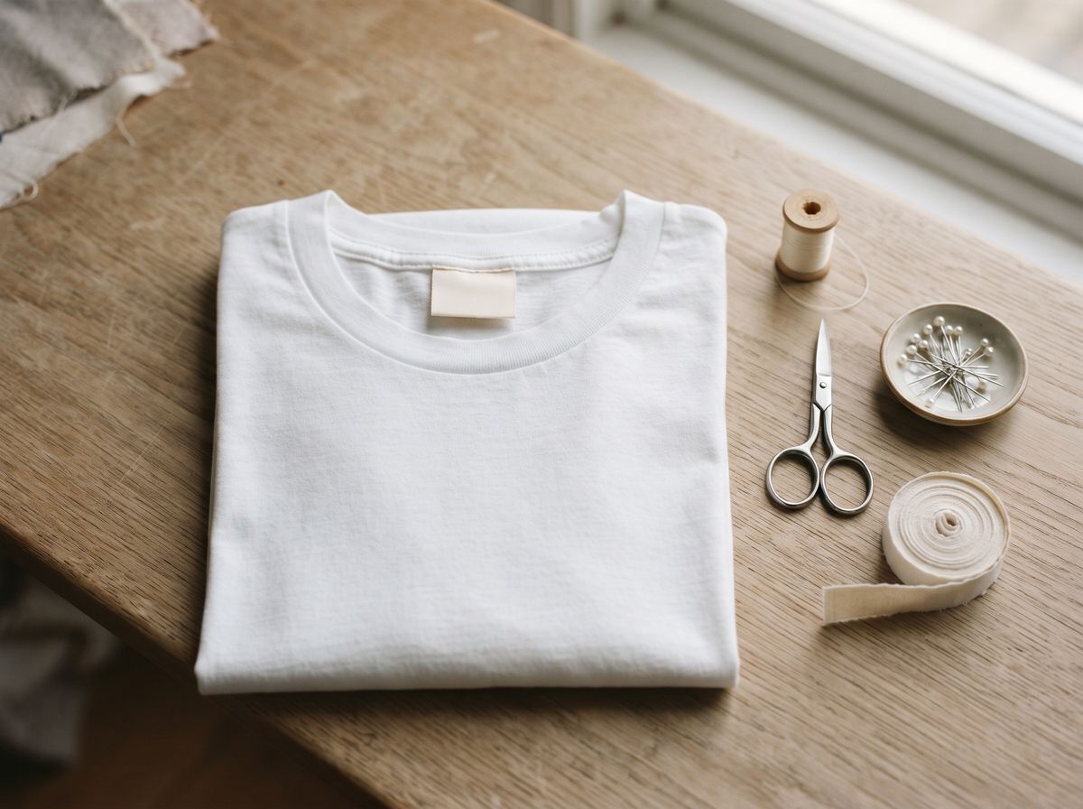 a sewing table seen from above with a folded white t-shirt with a plain cream label in the neck, a roll of blank cotton label tape, scissors, pins and a spool of thread