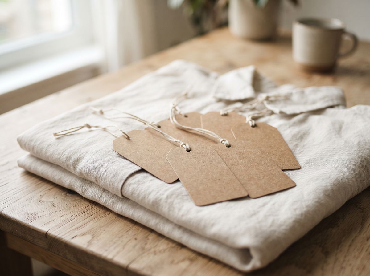 recycled kraft hang tags with cotton string on a linen shirt