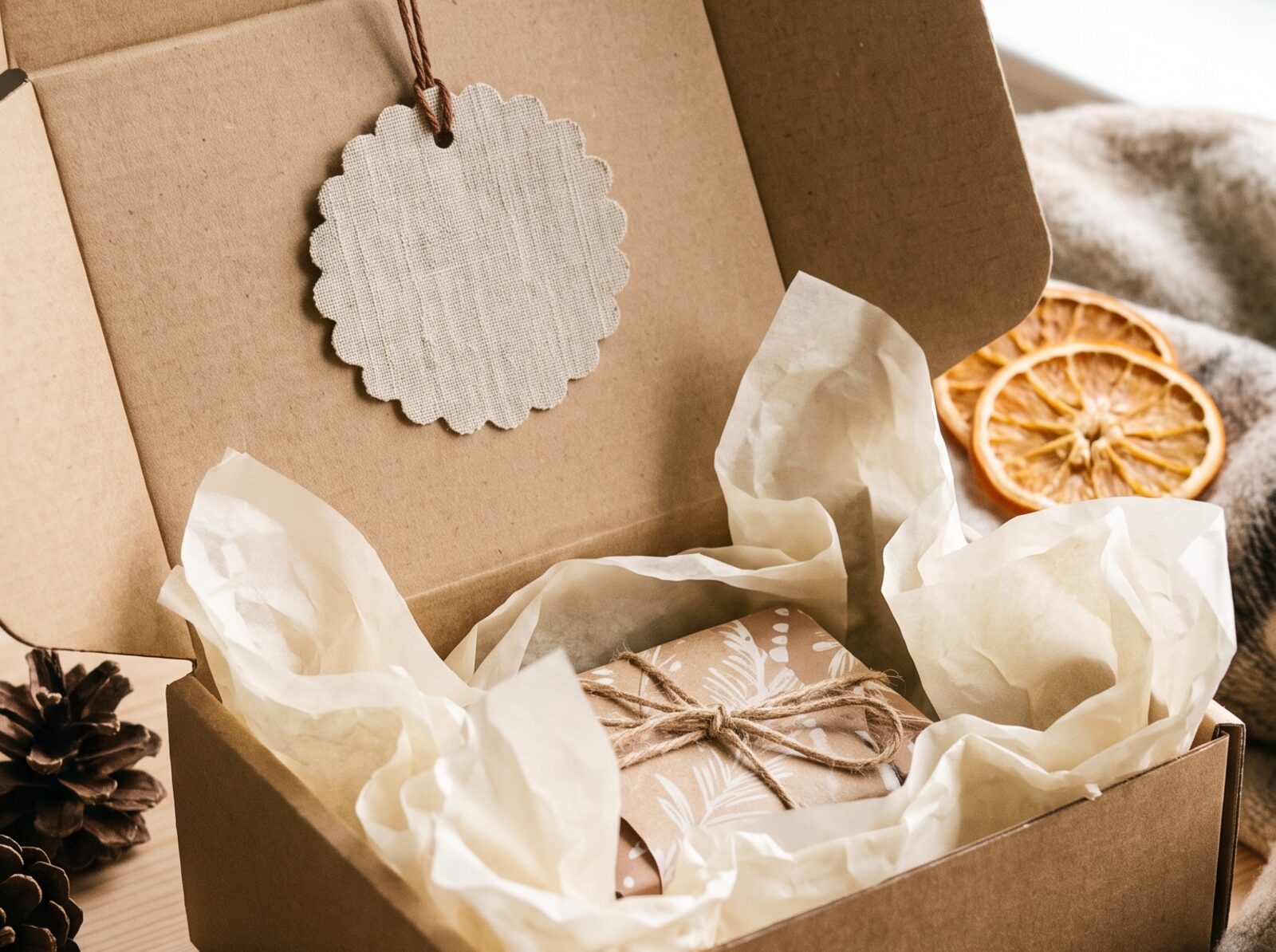 unboxed kraft gift box with tissue paper and gift tag