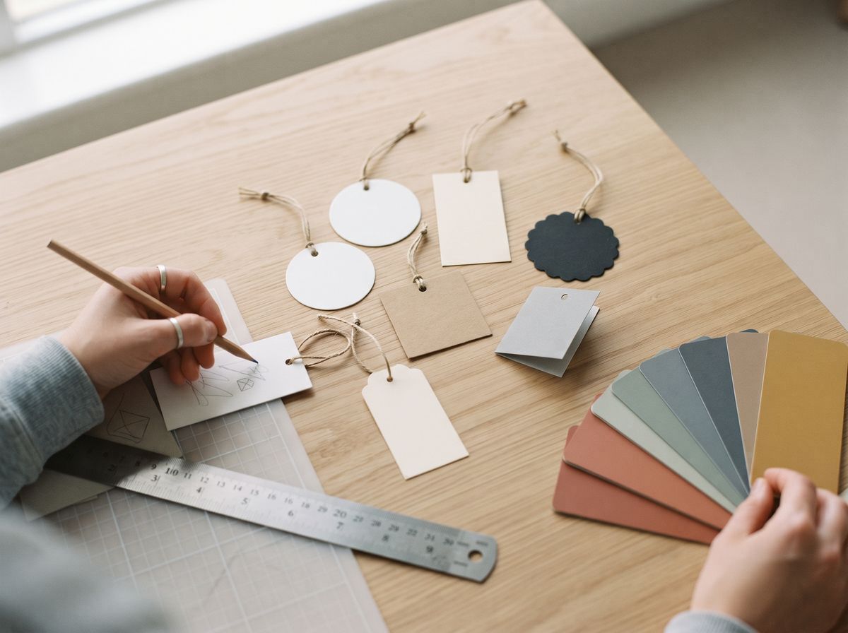 a designer sketching on a blank white hang tag at a wooden desk, surrounded by blank tags in white, kraft and black card, round and rectangular, a steel ruler and a colour swatch fan