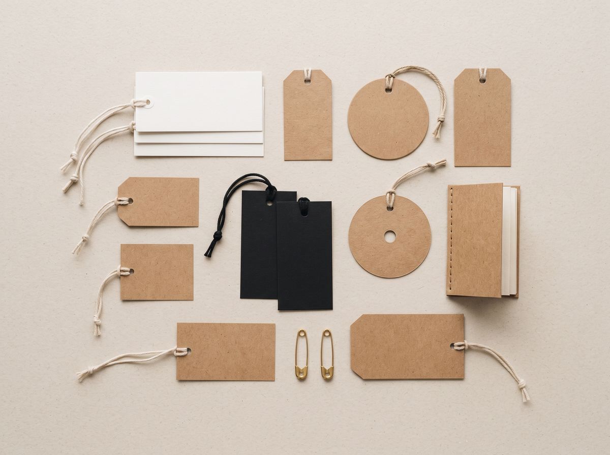 blank hang tags in white card, black card and kraft with strings and safety pins