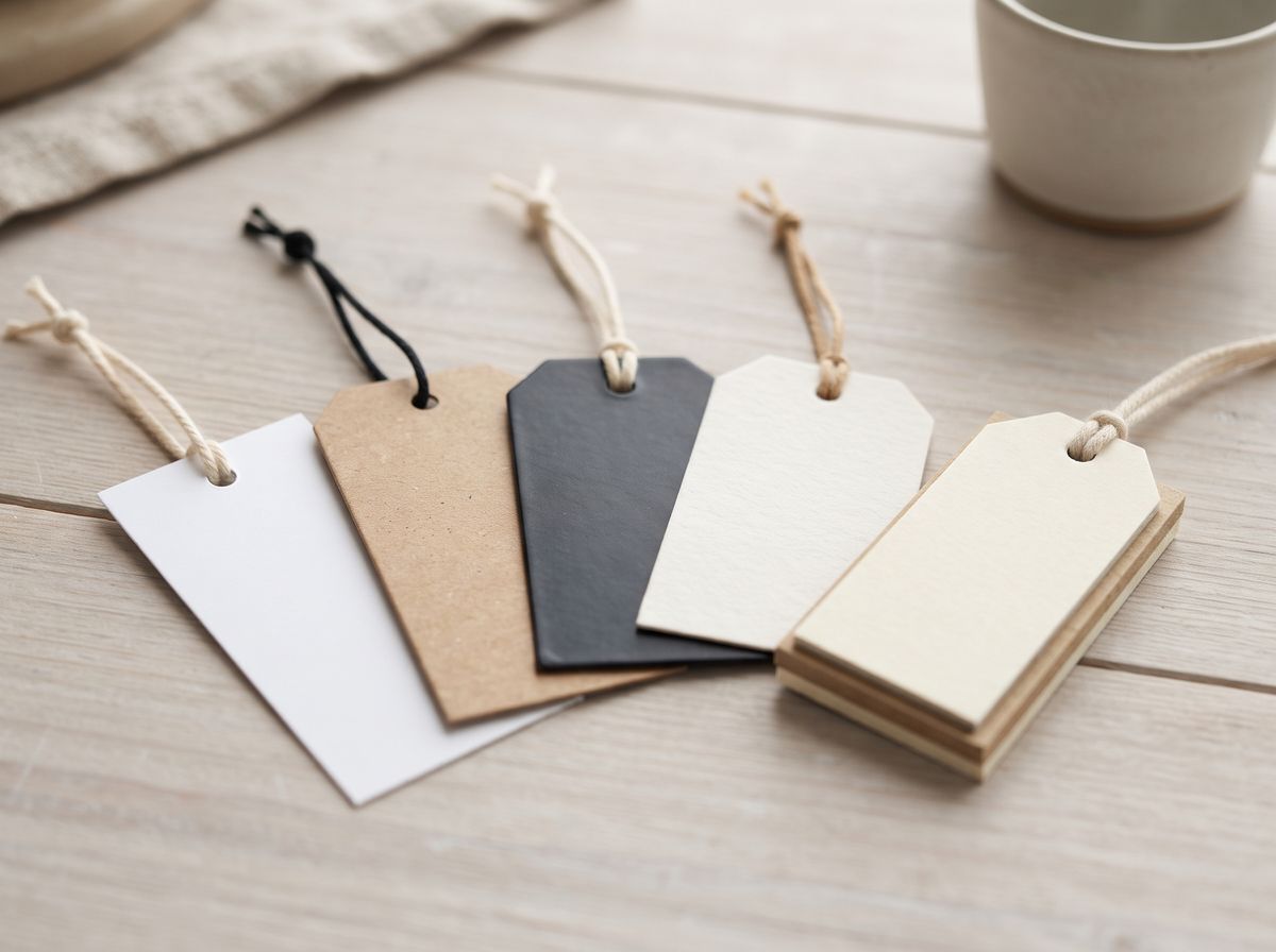 five blank hang tags in different paper stocks fanned out on a wooden table: white card, brown kraft, black card, cream textured paper and a thick layered board, each with a cotton string