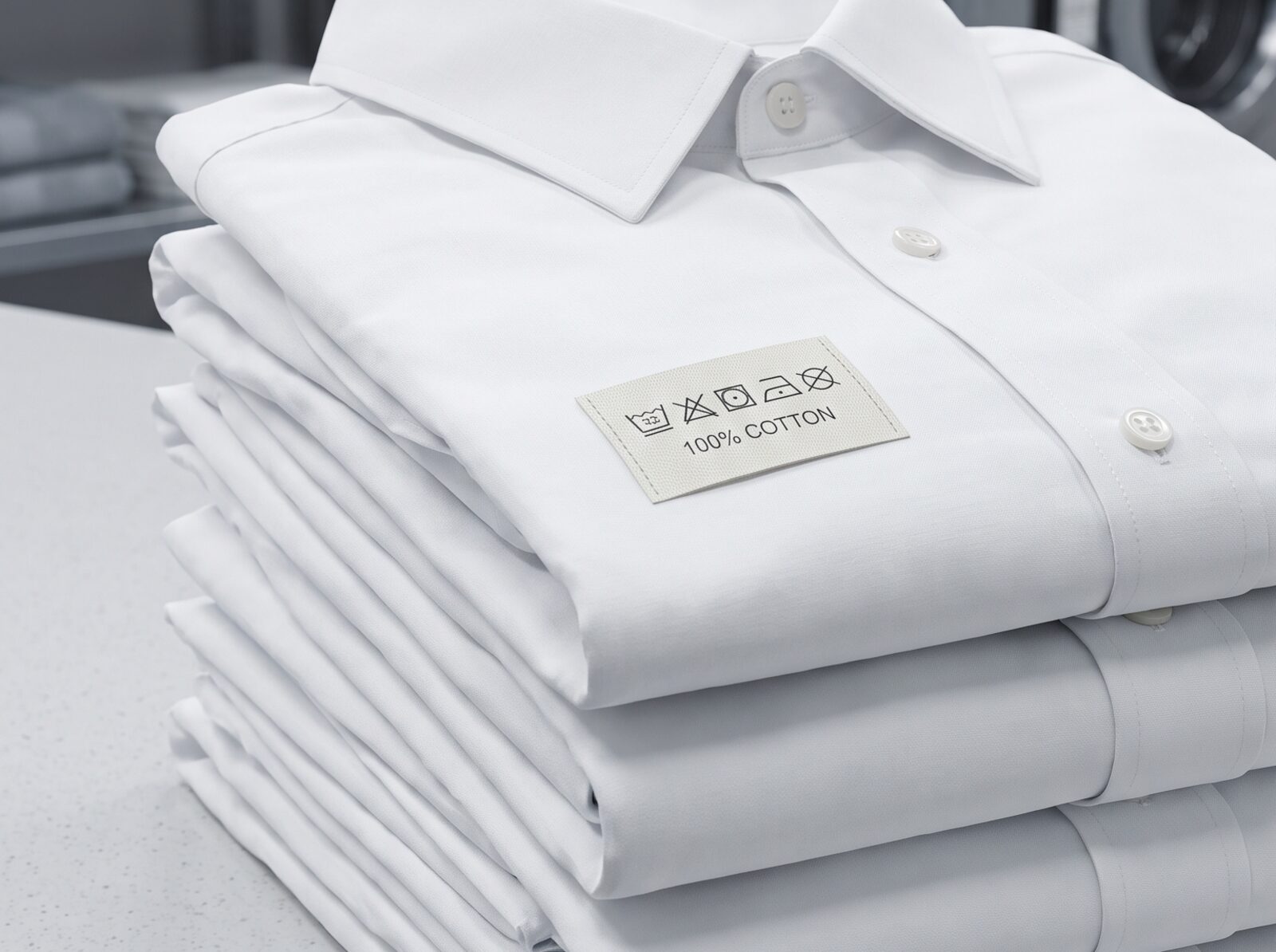 stacked folded hotel shirts with a care label