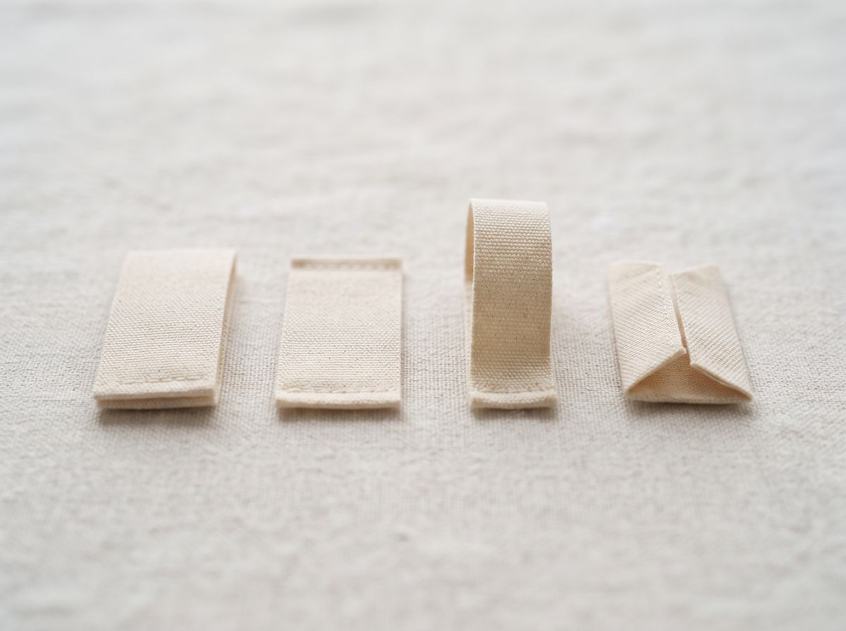 four blank natural-colour woven labels on linen, each folded a different way, including a loop fold and a mitre fold