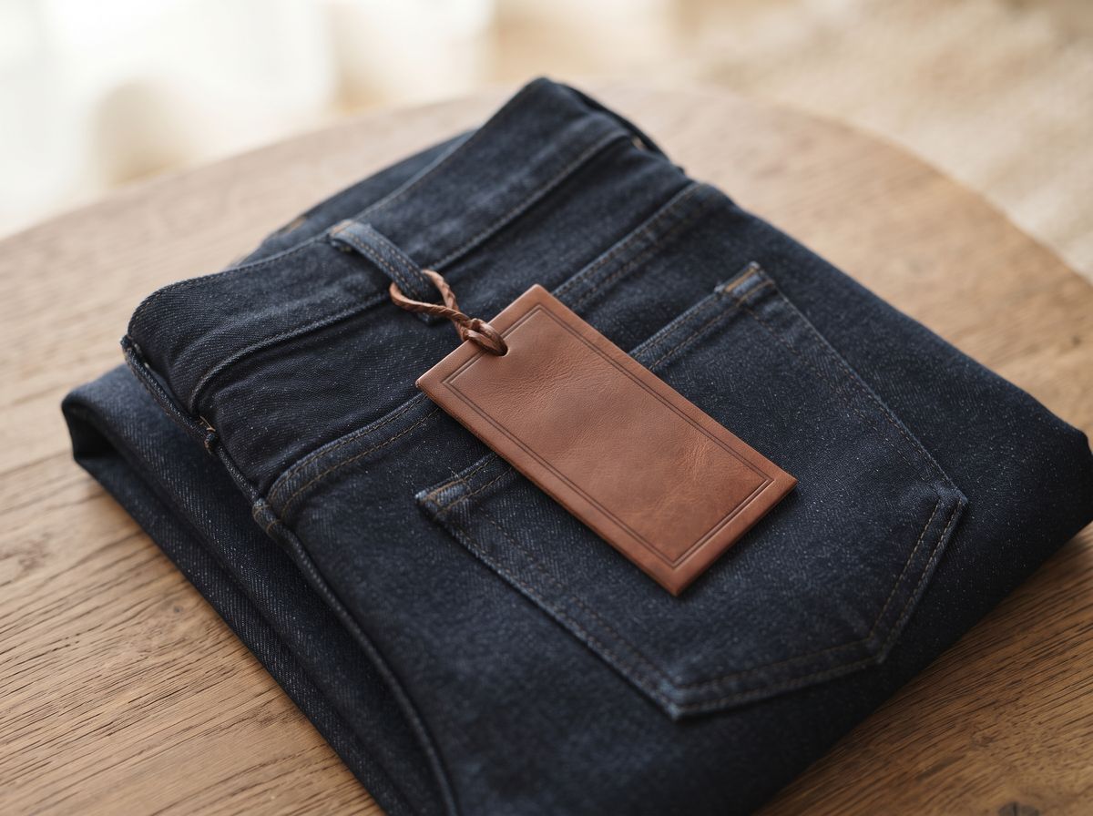 a rectangular brown leather hang tag with a plain debossed border, tied with a thin leather cord to the belt loop of folded dark indigo jeans on a wooden table