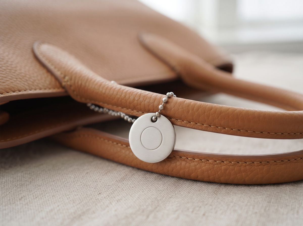 a round brushed silver metal hang tag with a simple engraved circle, hanging from a ball chain on the handle of a tan leather handbag
