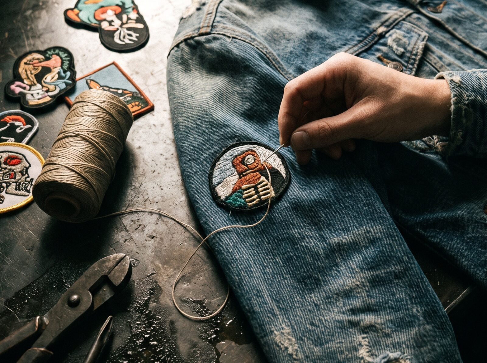 hand-stitching an embroidered patch onto a denim jacket