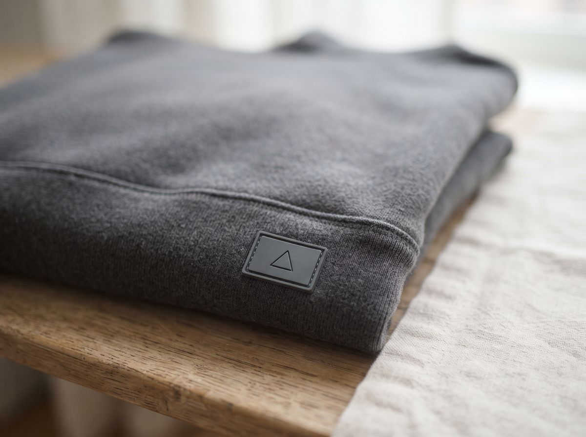 a small dark grey rectangular rubber label with a raised triangle mark stitched onto the hem of a folded charcoal hoodie