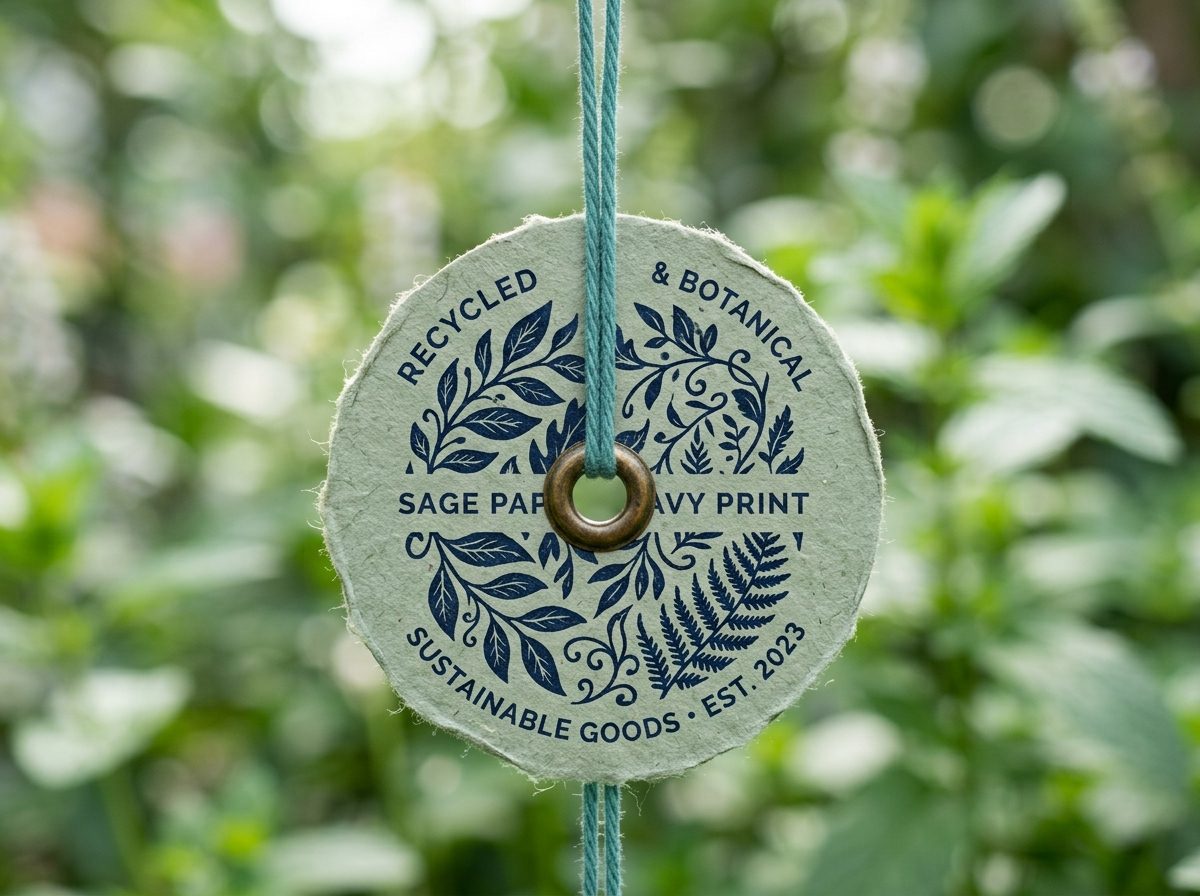round sage paper tag with botanical print