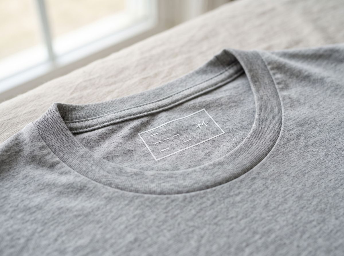 inside back neck of a grey t-shirt with a white tagless heat-transfer label printed directly on the fabric