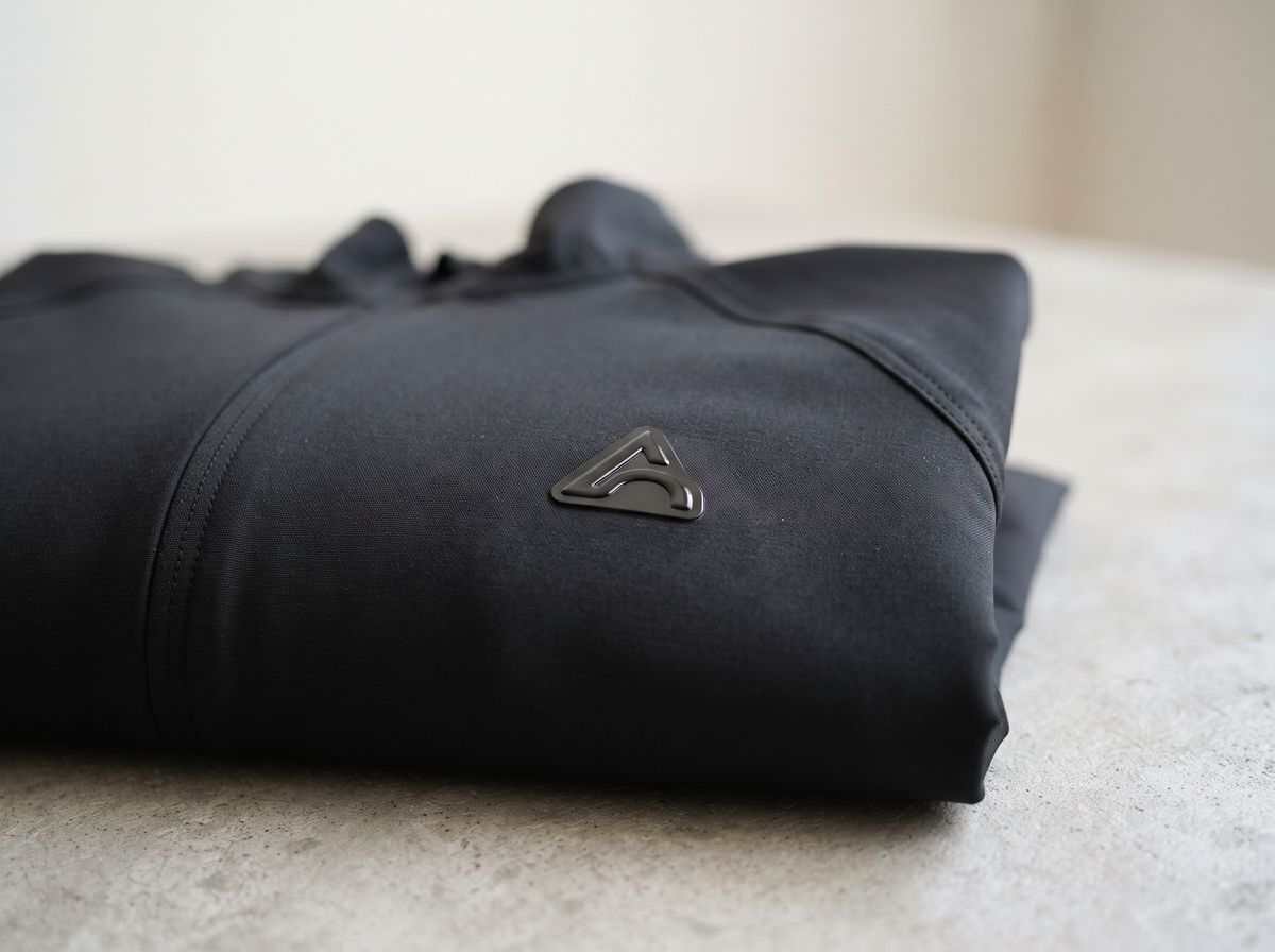 a small raised gunmetal-coloured logo badge with a simple triangular mark heat-pressed onto the chest of a folded black running jacket