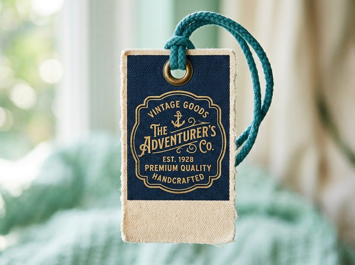 vintage badge hang tag on canvas bag